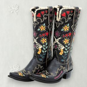 NEW Black Faux Leather Iconic Multi Floral Embroidered Western Cowgirl Boots 6.5
